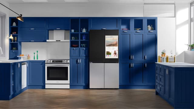 Front view of a modern kitchen with Samsung appliances