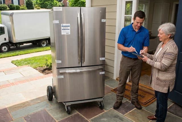 Front view of a man delivering a refrigerator