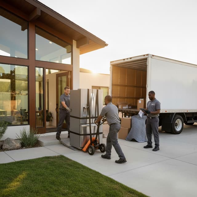 Appliance Installation Front view of men moving a new refrigerator from the delivery truck into a luxury home