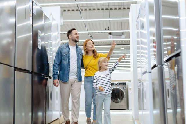 Front view of a family walking through an aisle of refrigerator shopping