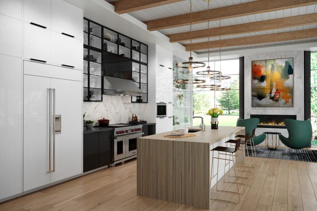 Credit: Sub-Zero Front view of a luxury kitchen with a white panel ready Sub-Zero refrigerator