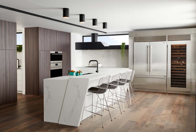 Front view of a modern kitchen with Sub-Zero refrigeration Front view of a modern kitchen with Sub-Zero refrigeration