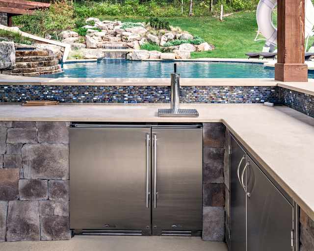 Close view of True stainless steel outdoor refrigerator