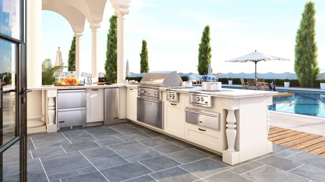 Credit: Viking Front view of a luxury outdoor kitchen with Viking appliances