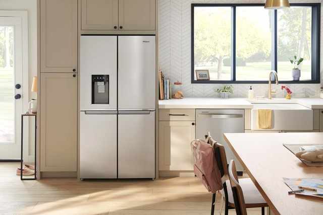 Modern kitchen with Whirlpool quad door refrigerator