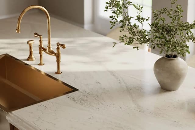 Close view of a marble countertop with an undermount kitchen sink
