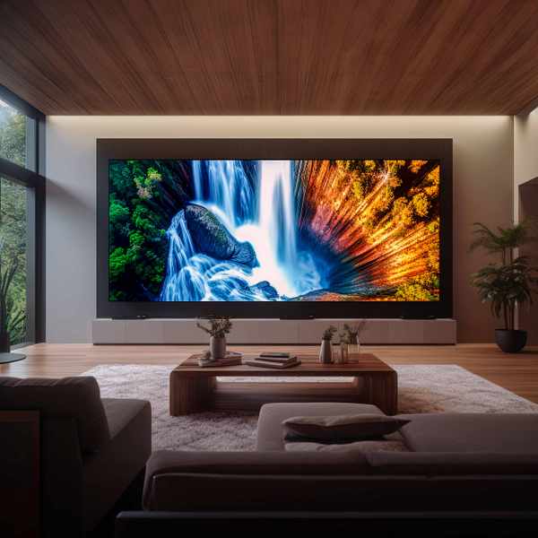 A widescreen microLED video wall in a home environment