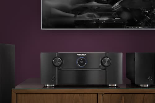 Close up of a Marantz amplifier showing the elegant chassis design