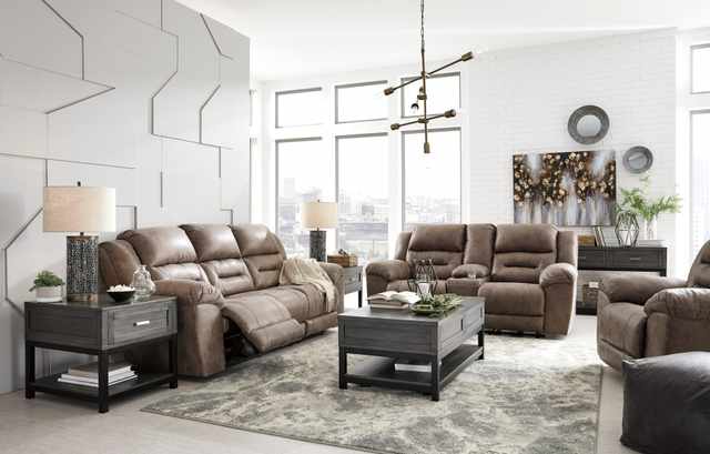 Credit: Ashley Front view of a modern living room with an Ashley reclining sofa and loveseat