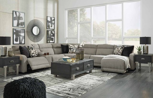 Front view of a modern living room with a reclining sectional with chaise