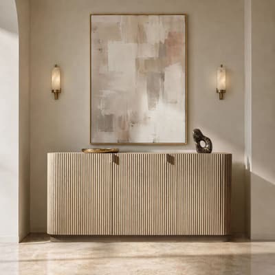 Cream fluted sideboard against a neutral wall, topped with a brass tray and dark sculptural object, beneath an abstract painting flanked by two wall sconces.