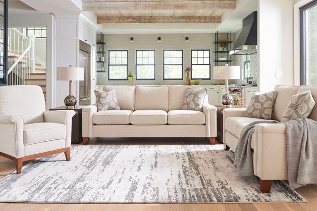 Front view of a modern living room with La-Z-Boy furniture