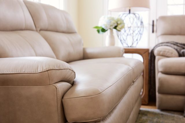 Close view of a leather La-Z-Boy sofa
