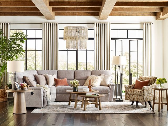 Front view of a modern living room with La-Z-Boy furniture and luxury decor