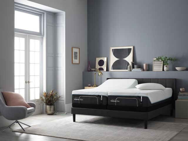 Front view of a modern bedroom with a TempurPedic mattress