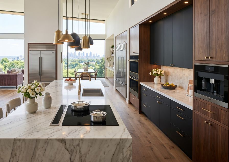 design a luxury open-concept kitchen with premium appliances