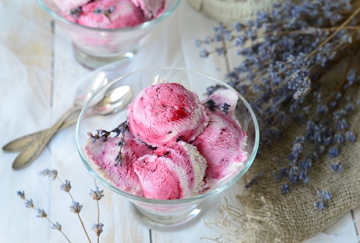 lavender and blackberry ice cream with sprigs of fresh lavender