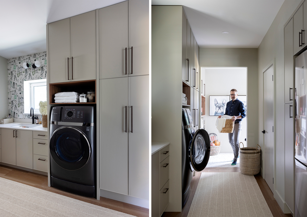 A man walks through his home into a modern laundry room