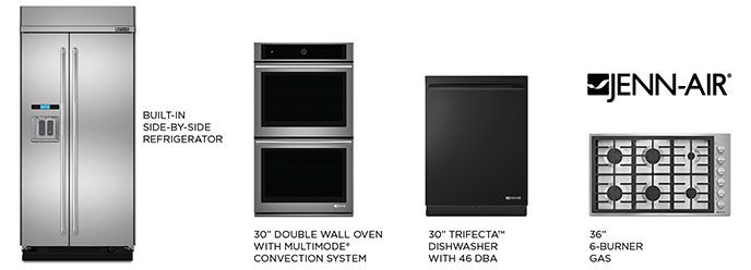 A lineup of stainless steel Jenn-Air kitchen appliances.