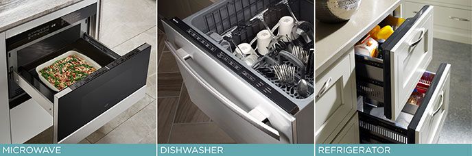 Images of microwave, refrigerator, and dishwasher drawers by Jenn-Air