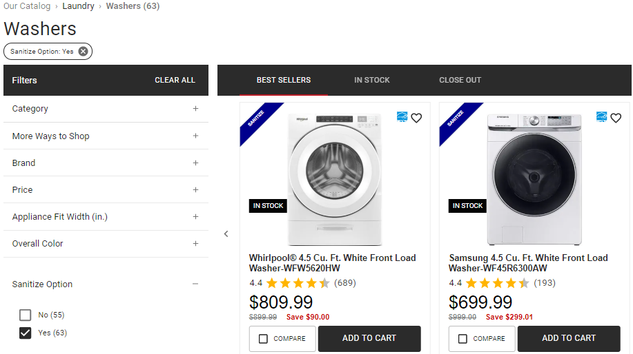 screenshot of laundry catalog with sanitizing option filter