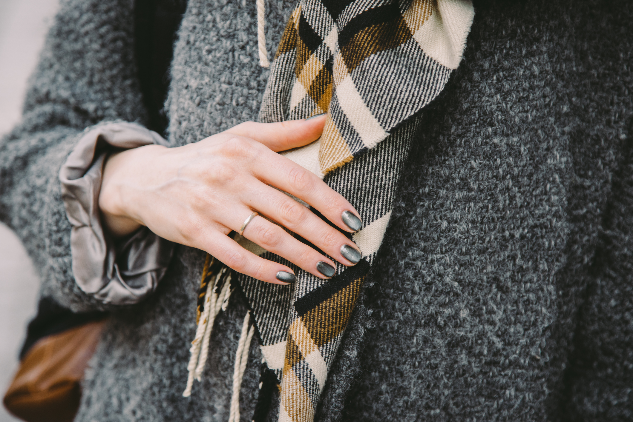 close up of womans wool jacket and scarf
