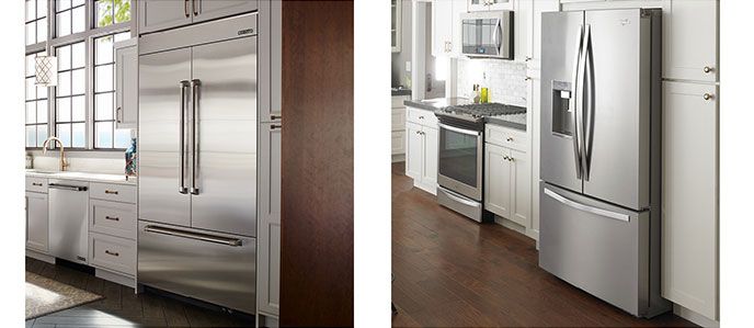 Side-by-side comparison of two refrigerators, one installed flush-style and the other proud-style