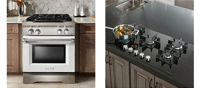 A freestanding range and a built-in cooktop.