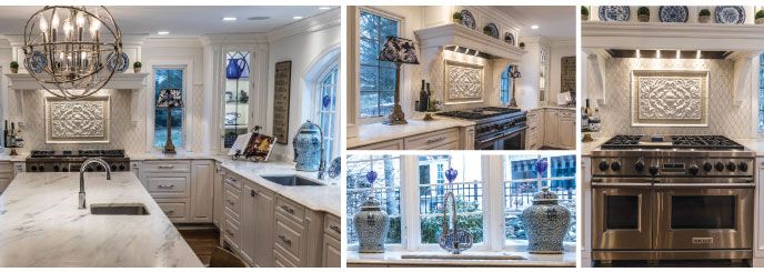 Kitchen with white tile and white cabinets and blue-accented decorations, featuring Sub Zero and Wolf appliances.