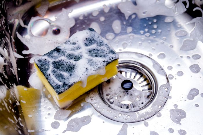 A stainless steel sink with a soapy sponge in the bottom.