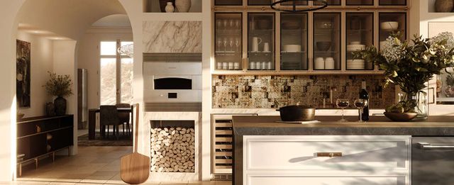 front view of a modern rustic kitchen with a Monogram Hearth oven