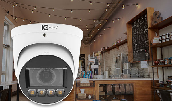 IC Realtime Camera product overlaid on a cafe image