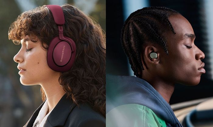 Woman wearing headphones & Man wearing earbuds