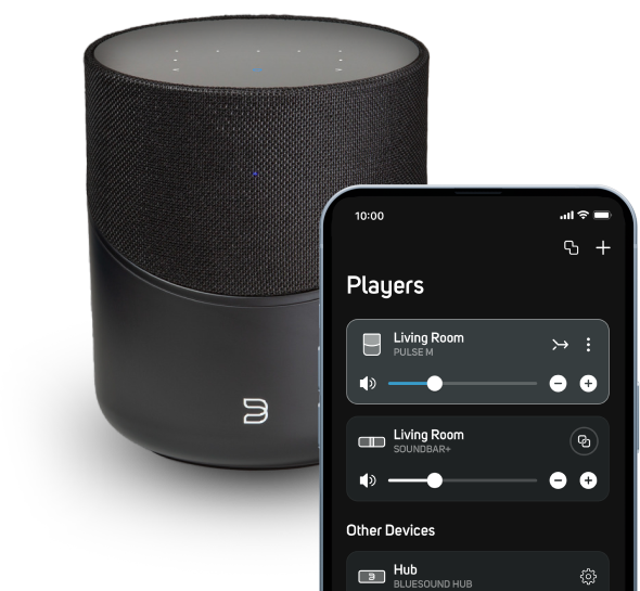 Smart phone playing music connected to a Bluesound speaker.