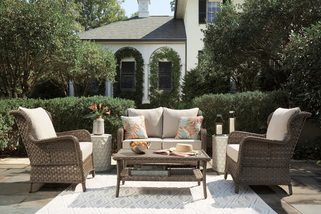 Signature Design by Ashley® Clear Ridge Light Brown Outdoor Glider Loveseat, 2 Chairs, and Cocktail Table-0