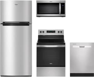 Whirlpool 4 Piece Stainless Steel Kitchen Package featuring a built in dishwasher, microwave, electric range, and a refrigerator