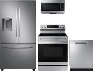 Samsung 4 Piece Kitchen Package-Stainless Steel featuring a French door refrigerator, electric range, built in dishwasher and microwave