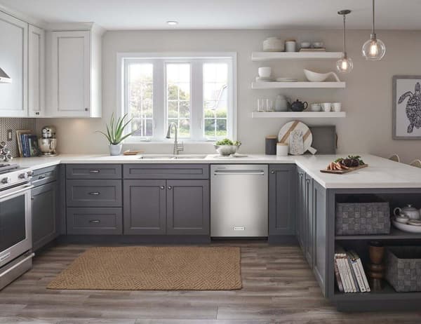 Kitchen with gray cabinets featuring a KitchenAid 24" Stainless Steel Built In Dishwasher
