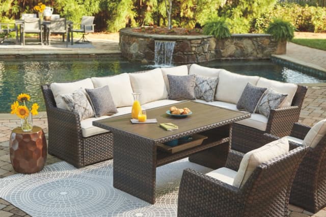 Signature Design by Ashley® Easy Isle Dark Brown/Beige Outdoor Sectional, Chair and Multi-Use Table-0