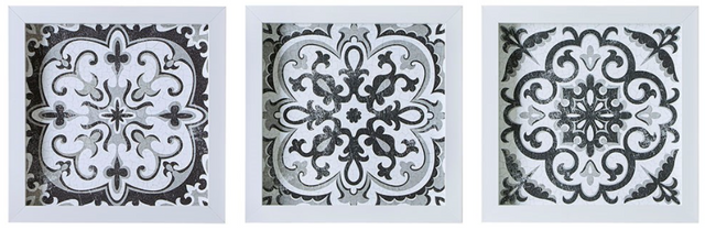 Olliix by Madison Park Montage 3 Black/White Printed Distressed Tile Pattern Decorative Box Wall Art Set