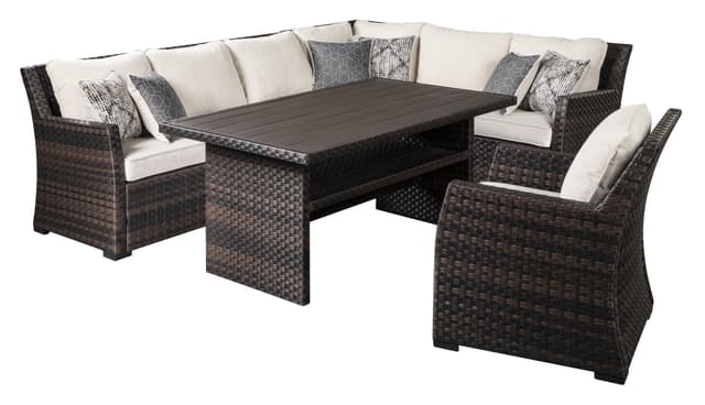 Signature Design by Ashley® Easy Isle Dark Brown/Beige Outdoor Sectional, Chair and Multi-Use Table-1