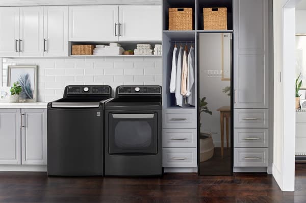 Laundry Room Featuring an LG Black Steel Laundry Pair