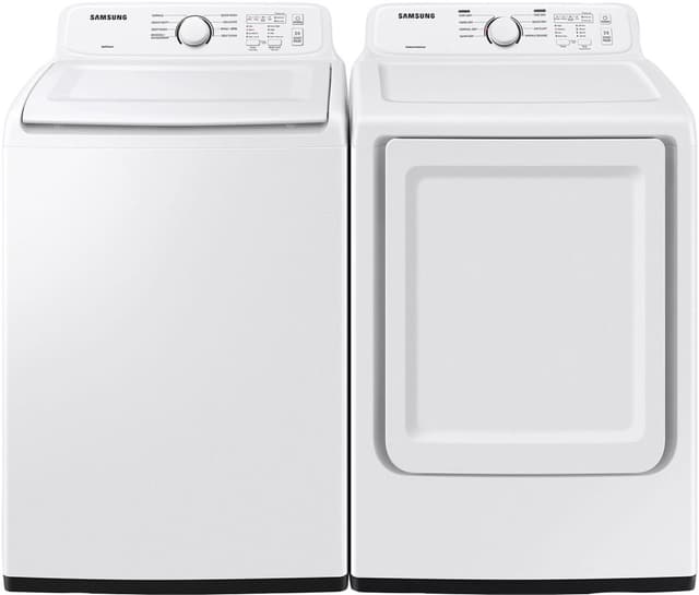 Front view of a Samsung top load washer and dryer set