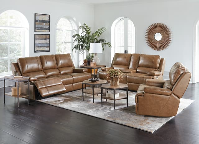 Bassett® Furniture Power Reclining Leather Match Sofa with Power Lumbar-3