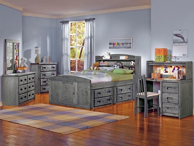 Trendwood Inc. Bunkhouse Palomino Driftwood Bookcase Full Youth Bed with 2 Underdressers-1