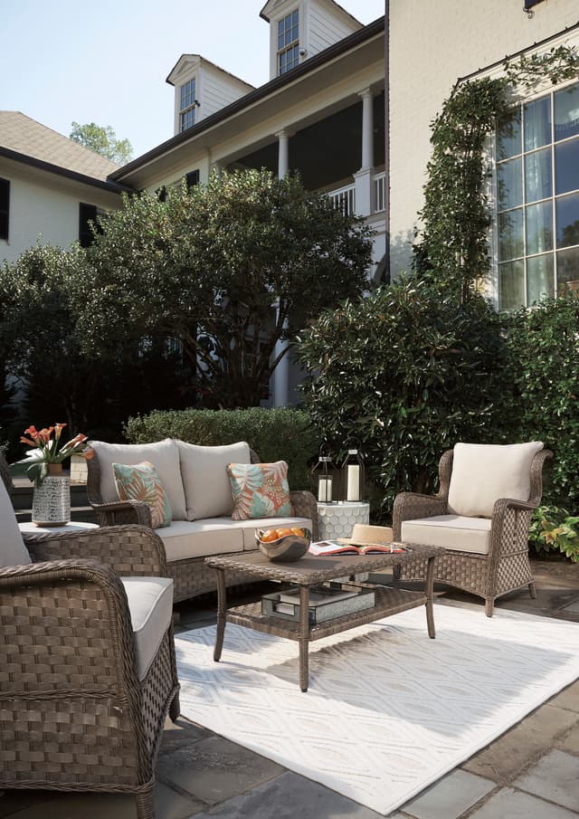 Signature Design by Ashley® Clear Ridge Light Brown Outdoor Glider Loveseat, 2 Chairs, and Cocktail Table-2