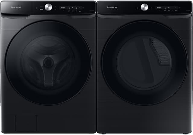 Front view of a Samsung front load washer and dryer set