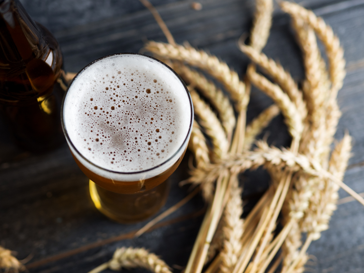 glass of beer with wheat in the background