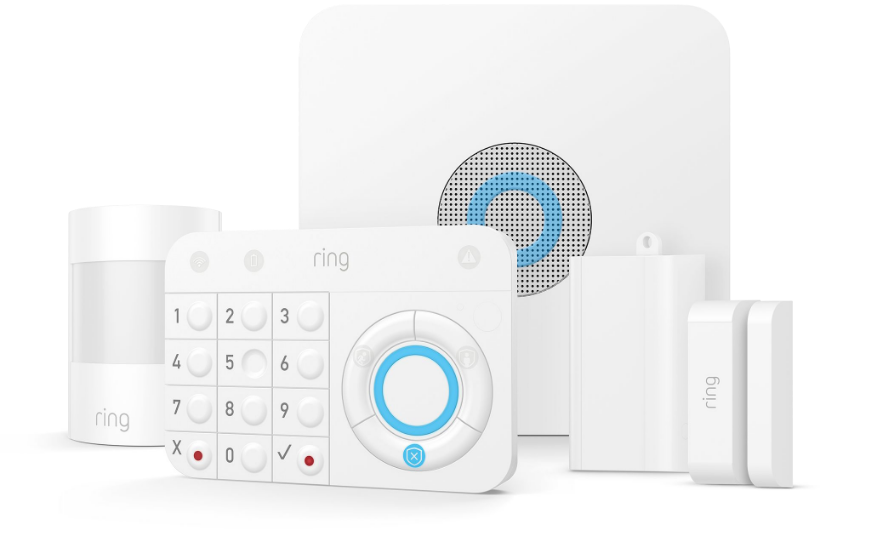 Collage of various ring products including ring keypad, motion detector, and range extender