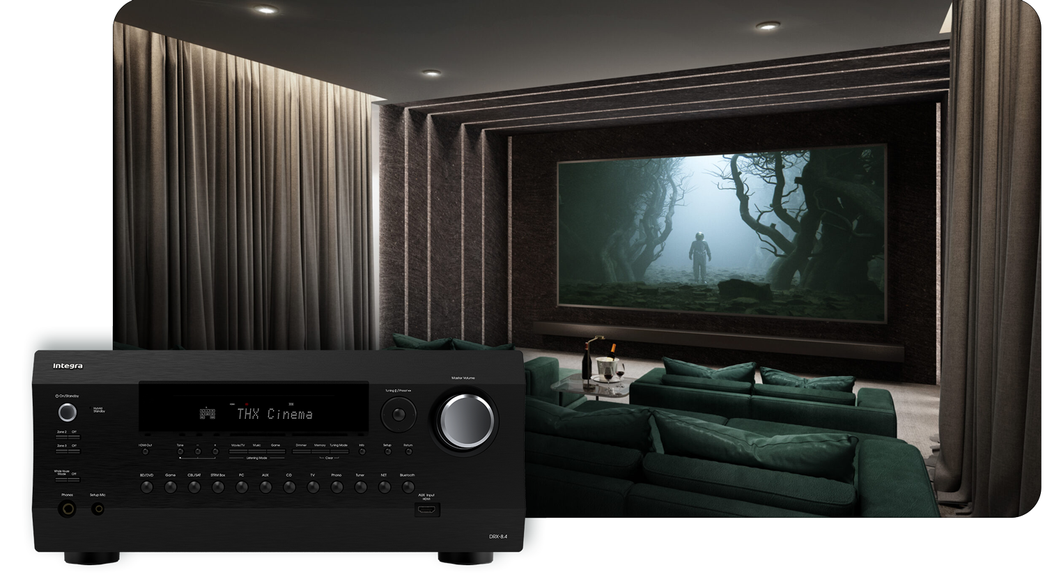 DRX-8.4 Integra Network AV Receiver overlaying home theatre with large screen
